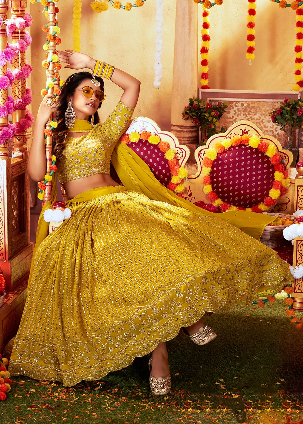 Mustard Yellow Glittering Sequins Georgette Wedding Lehenga Choli