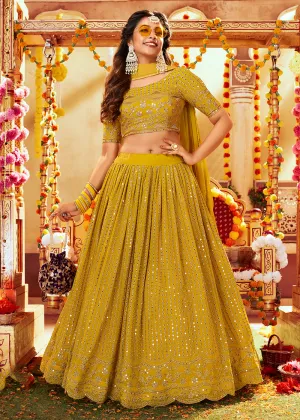 Mustard Yellow Glittering Sequins Georgette Wedding Lehenga Choli