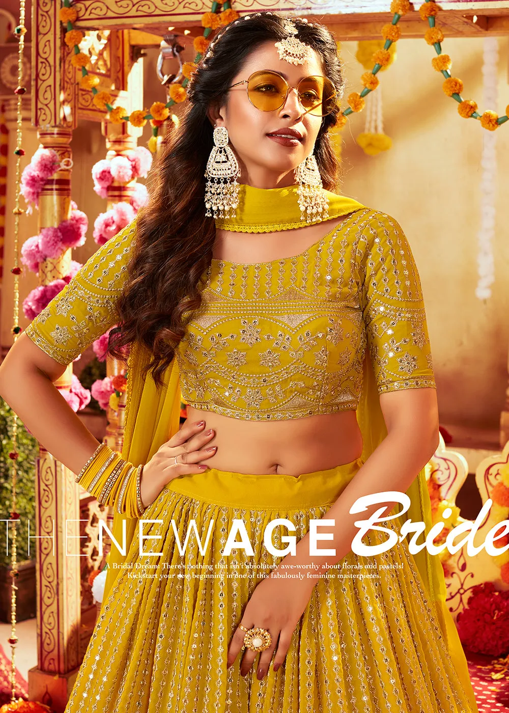 Mustard Yellow Glittering Sequins Georgette Wedding Lehenga Choli