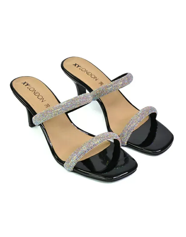 Nancy Square Toe Diamante Strappy Slip On Low Kitten Heel Mules in Black