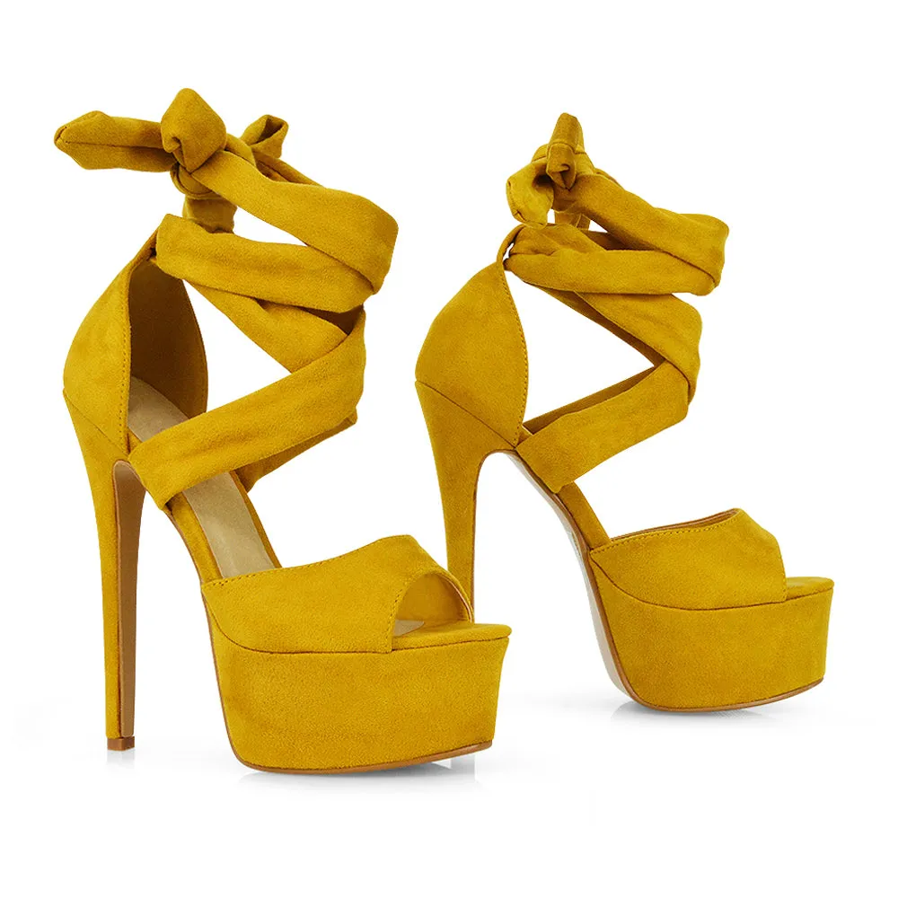 Oakley Platform Lace up Strappy Peep toe Stiletto High Heels in Mustard Faux Suede