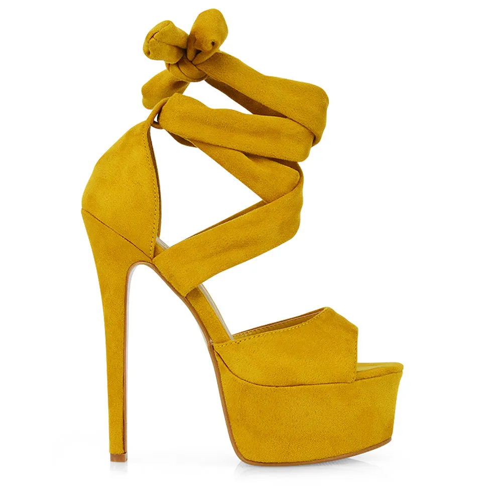 Oakley Platform Lace up Strappy Peep toe Stiletto High Heels in Mustard Faux Suede