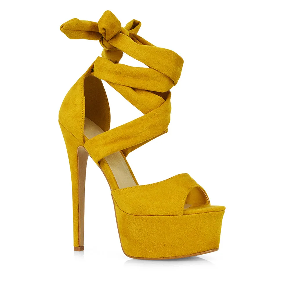 Oakley Platform Lace up Strappy Peep toe Stiletto High Heels in Mustard Faux Suede