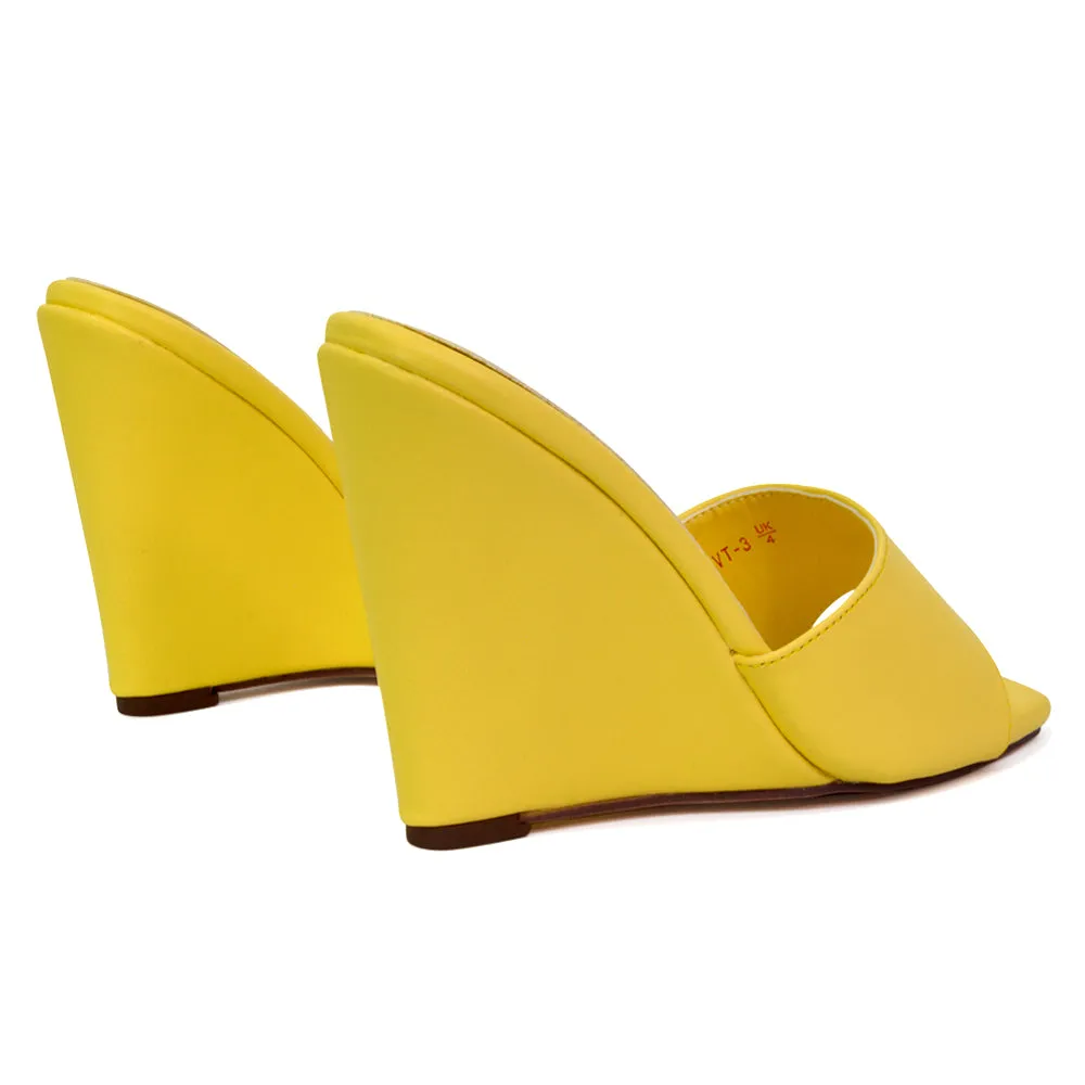 Otis Slip On Square Toe Wedge High Heeled Mule Summer Sandal Slides in Yellow