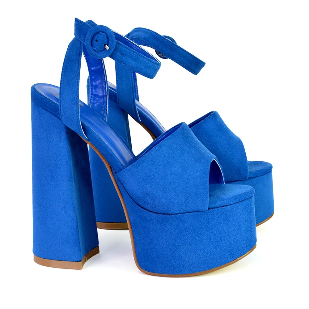 Pennie Strappy Super High Platform Shoes With a Chunky Heel in Blue