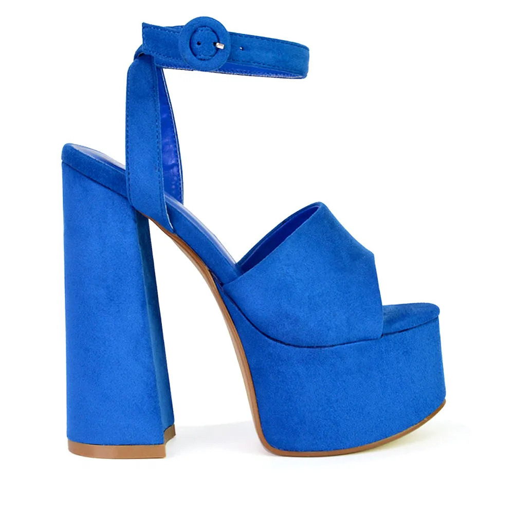 Pennie Strappy Super High Platform Shoes With a Chunky Heel in Blue