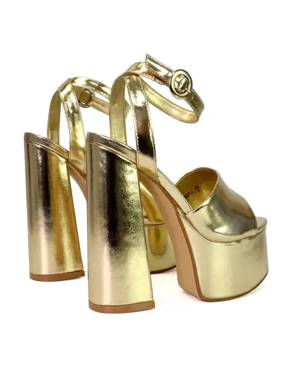 Pennie Strappy Super High Platform Shoes With a Chunky Heel in Gold