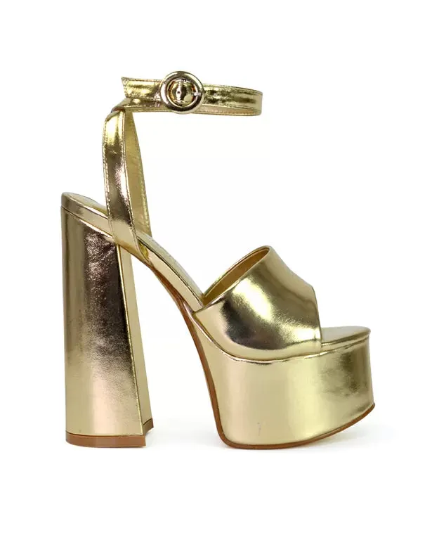 Pennie Strappy Super High Platform Shoes With a Chunky Heel in Gold