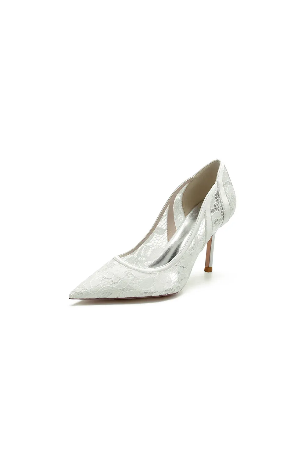 Pointed Toe Bridal Heels with Lace Appliques