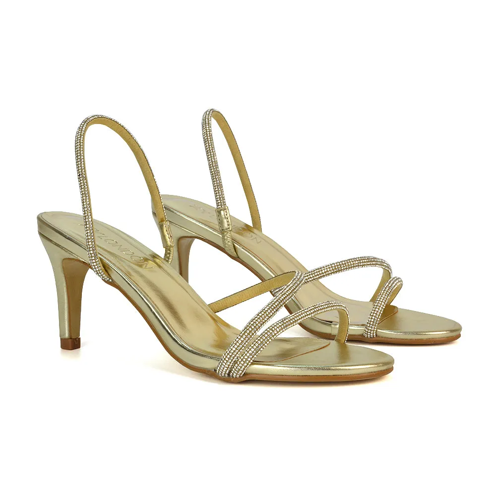 Polly Slingback Strappy Diamante Stiletto High Heel Sandals in Gold Metallic