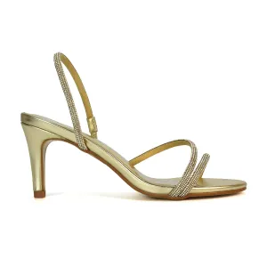 Polly Slingback Strappy Diamante Stiletto High Heel Sandals in Gold Metallic