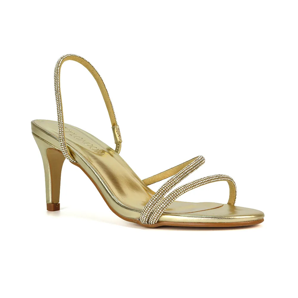 Polly Slingback Strappy Diamante Stiletto High Heel Sandals in Gold Metallic