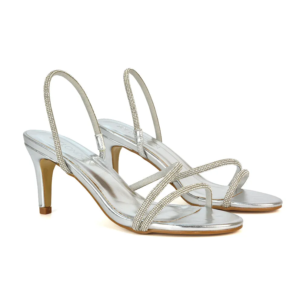 Polly Slingback Strappy Diamante Stiletto High Heel Sandals in Gold Metallic