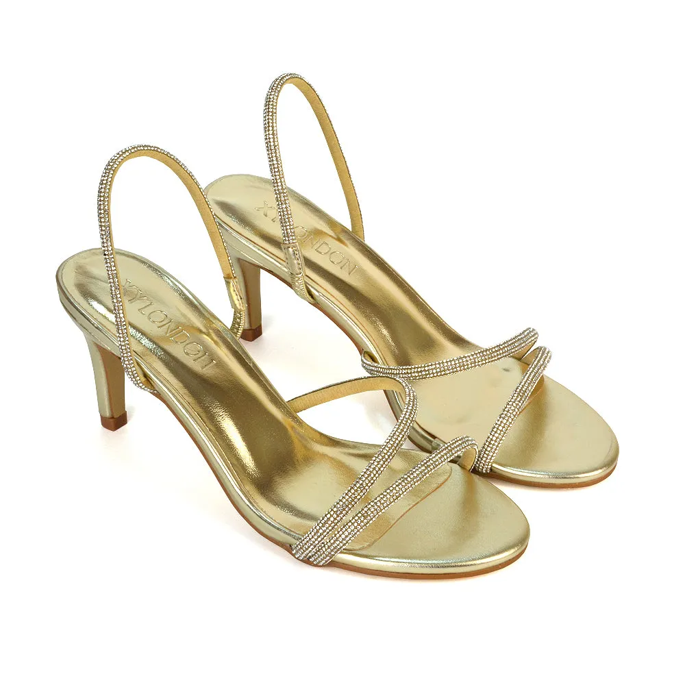 Polly Slingback Strappy Diamante Stiletto High Heel Sandals in Gold Metallic