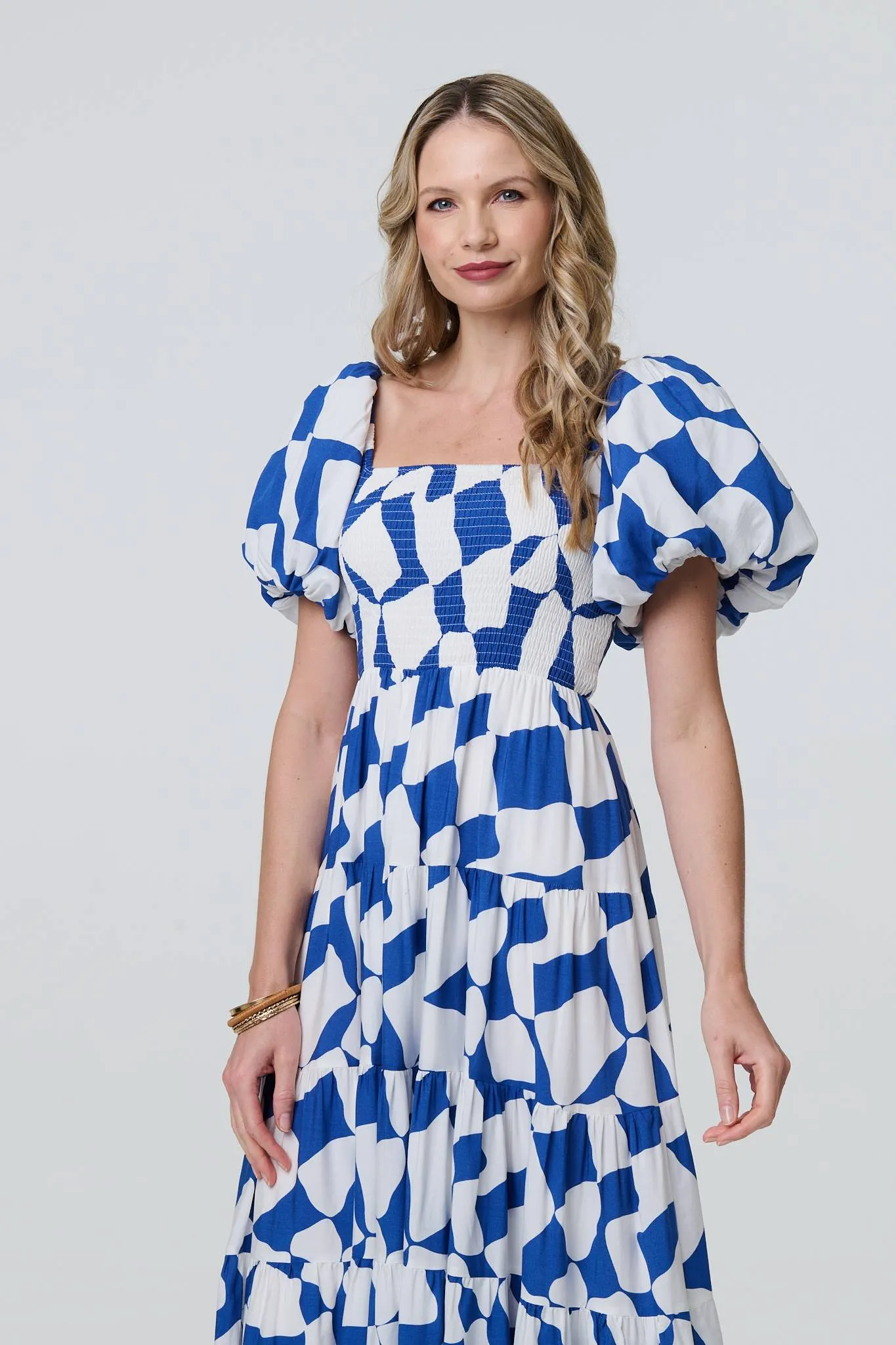 Printed Puff Sleeve Bardot Smock Midi Dress