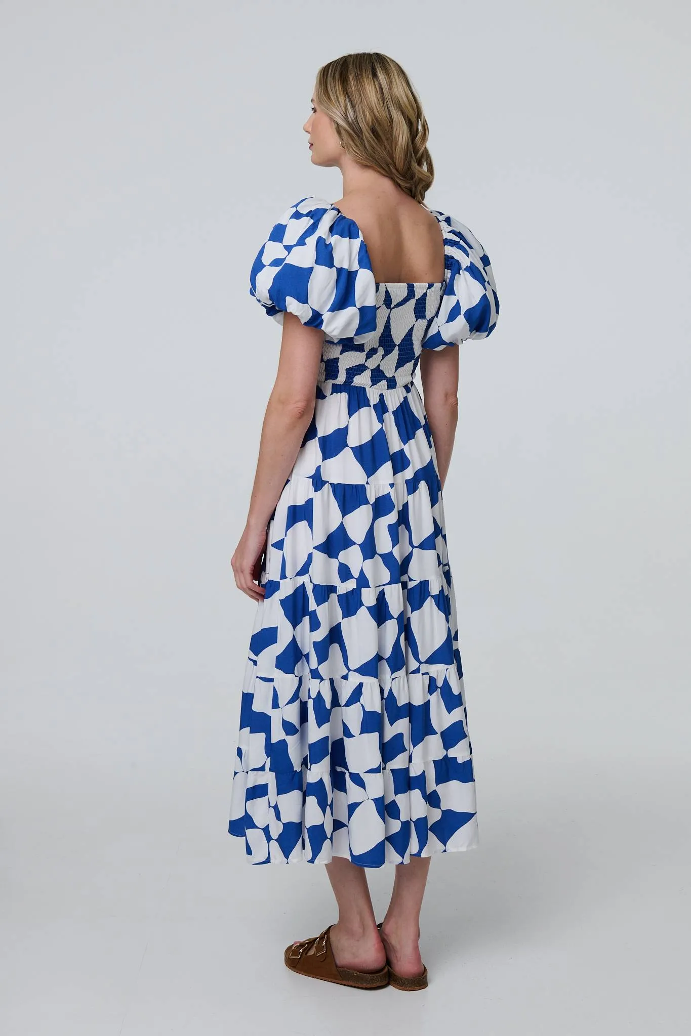 Printed Puff Sleeve Bardot Smock Midi Dress