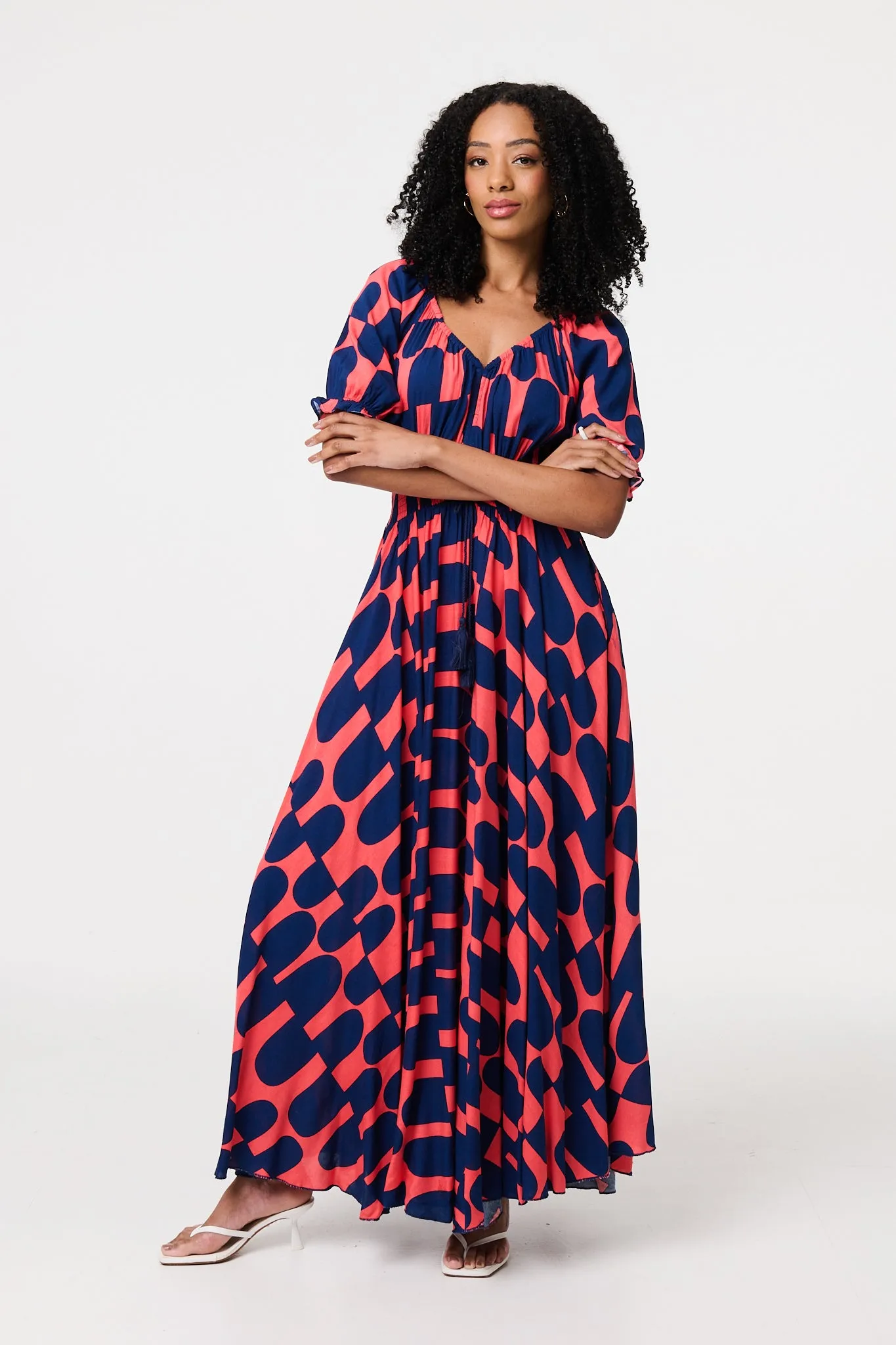 Printed V-Neck Short Puff Sleeve Maxi Dress