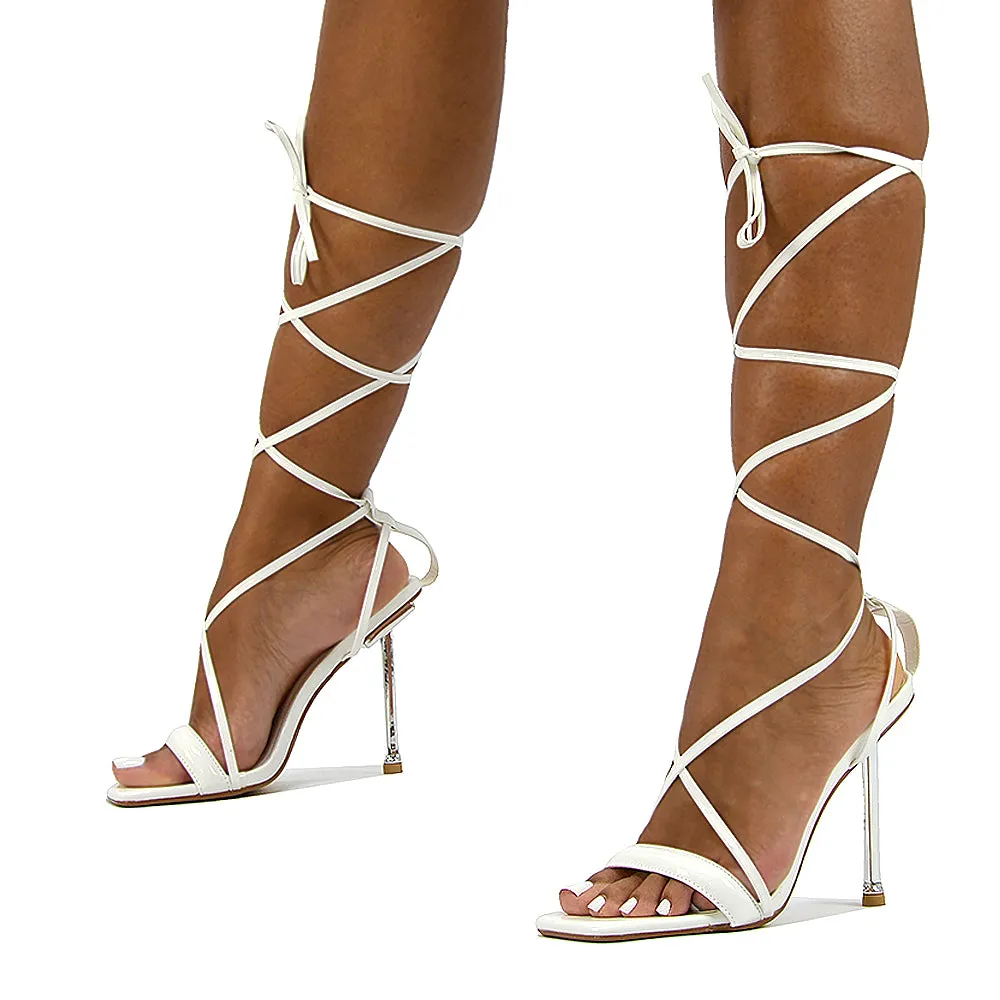 Rayne Lace Up Strappy Square Toe Metallic Stiletto High Heel Sandals in Orange Patent