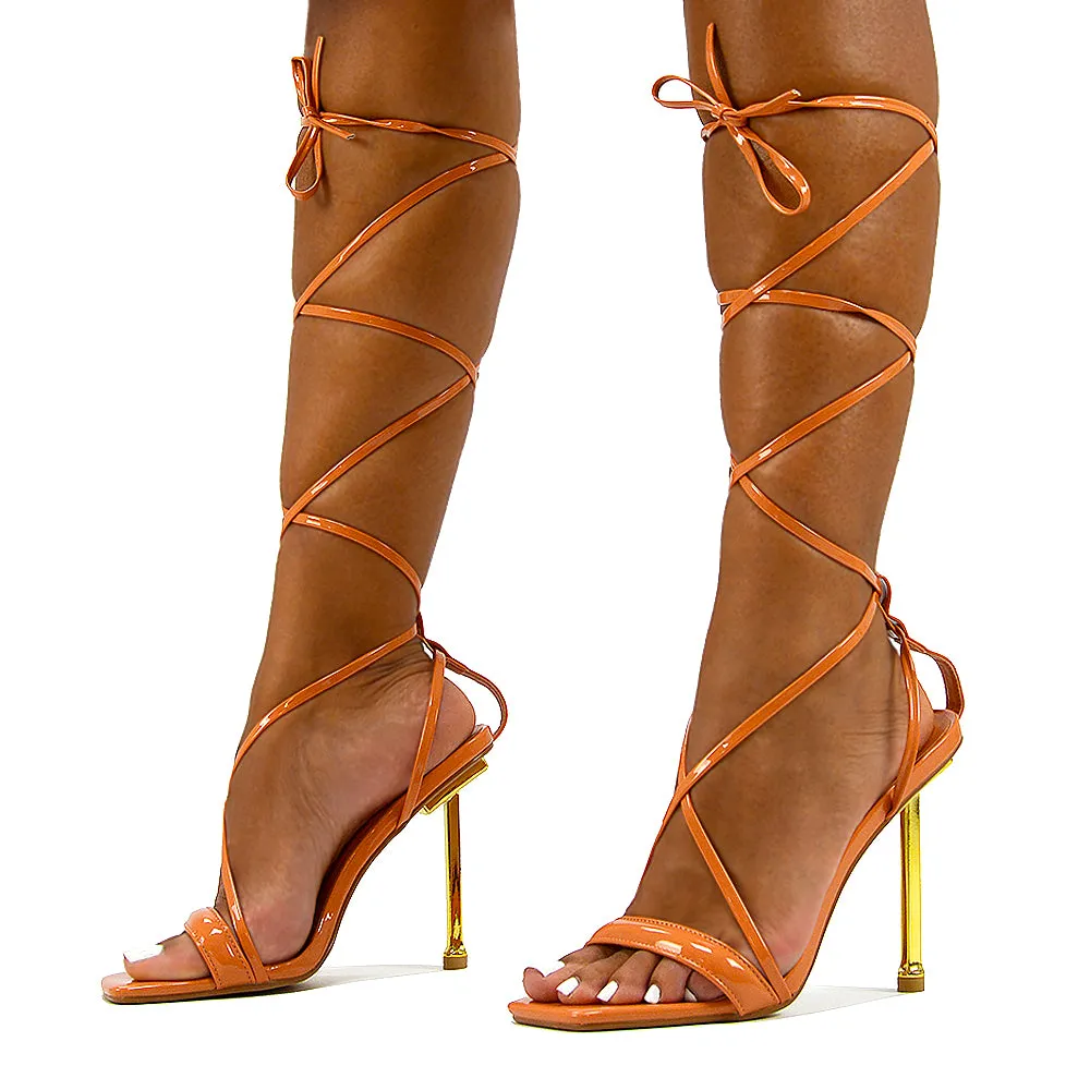 Rayne Lace Up Strappy Square Toe Metallic Stiletto High Heel Sandals in Orange Patent