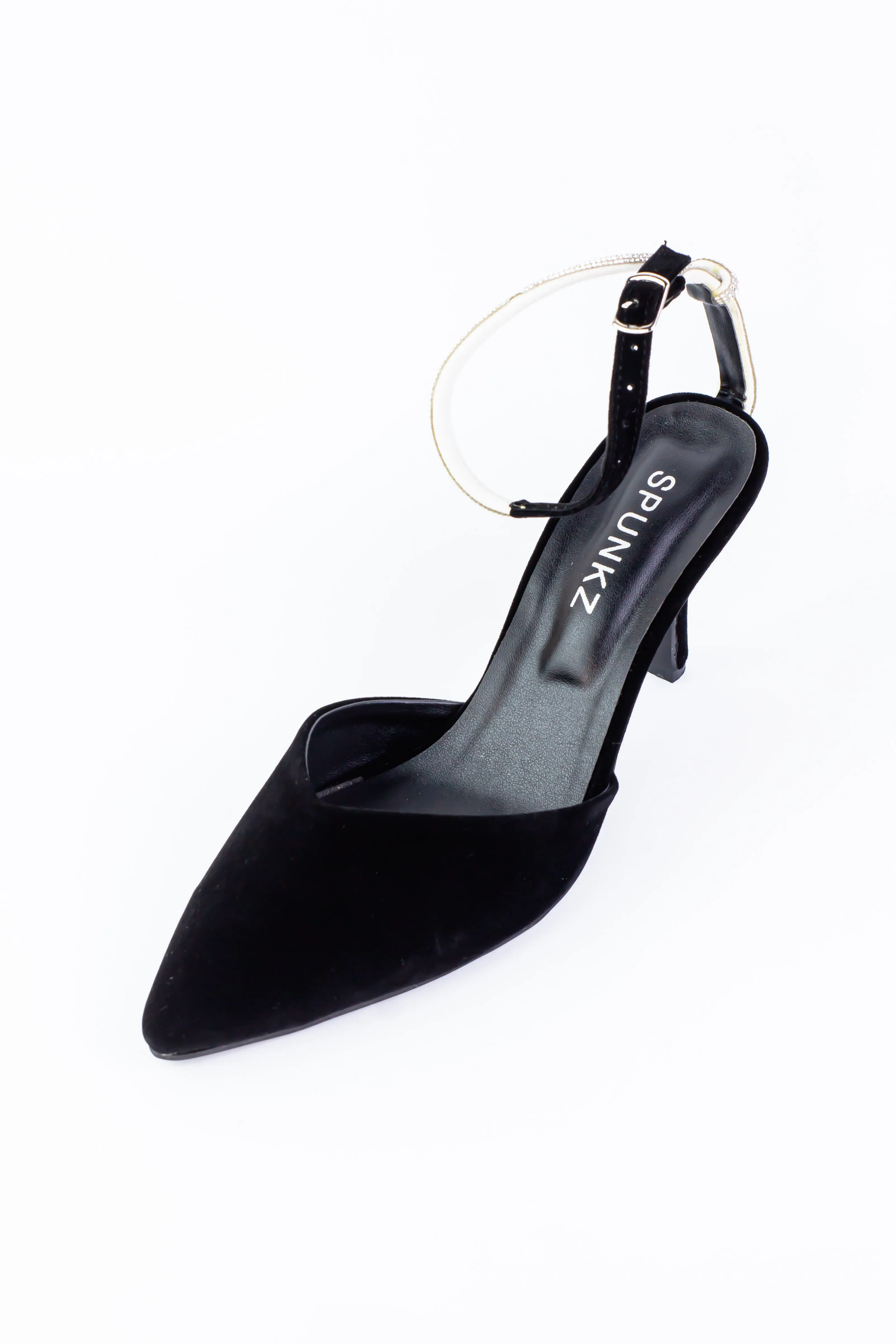 Rihana Black Velvet Rhinestone Ankle Strap Mules