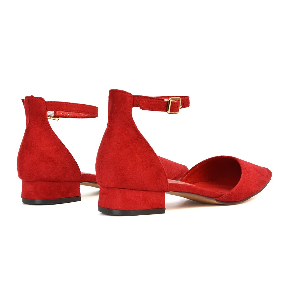 Robyn Pointed Toe Low Heel Strappy Court Shoes in Red Faux Suede