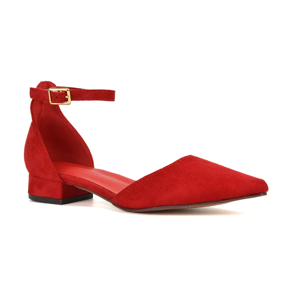 Robyn Pointed Toe Low Heel Strappy Court Shoes in Red Faux Suede