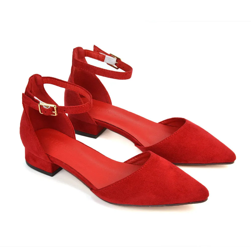 Robyn Pointed Toe Low Heel Strappy Court Shoes in Red Faux Suede