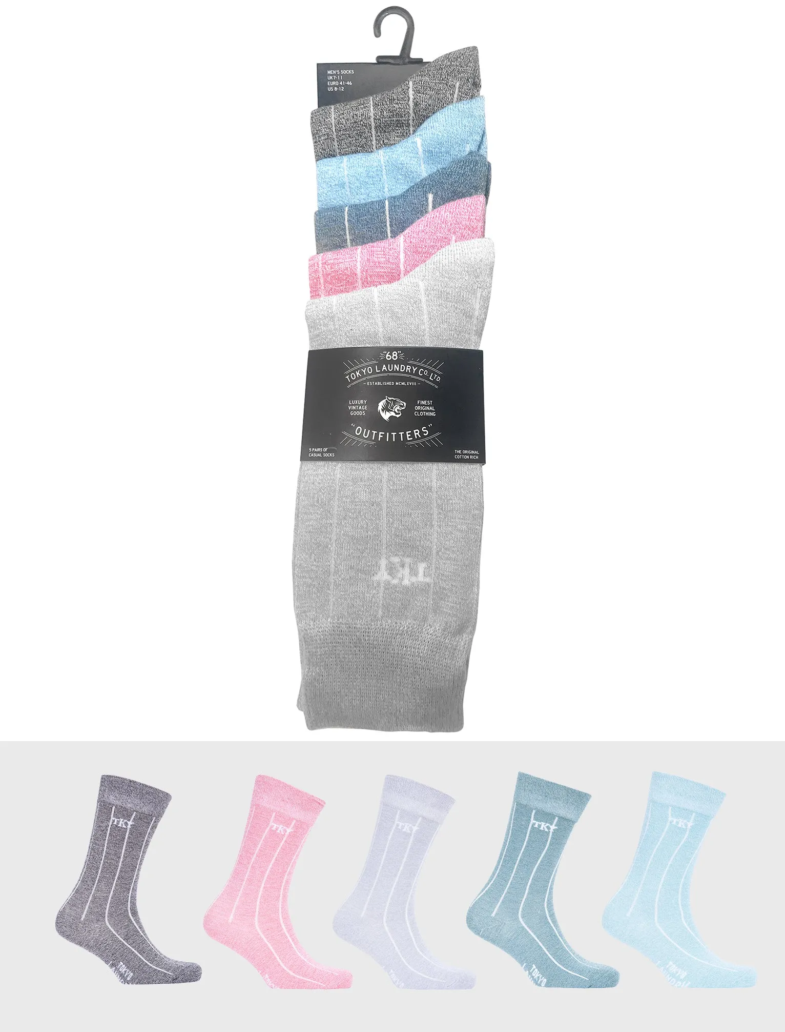 Rocksta (5 Pack) Cotton Rich Striped Marled Socks in Grey / Pink / Green / Blue / Black Marl - Tokyo Laundry