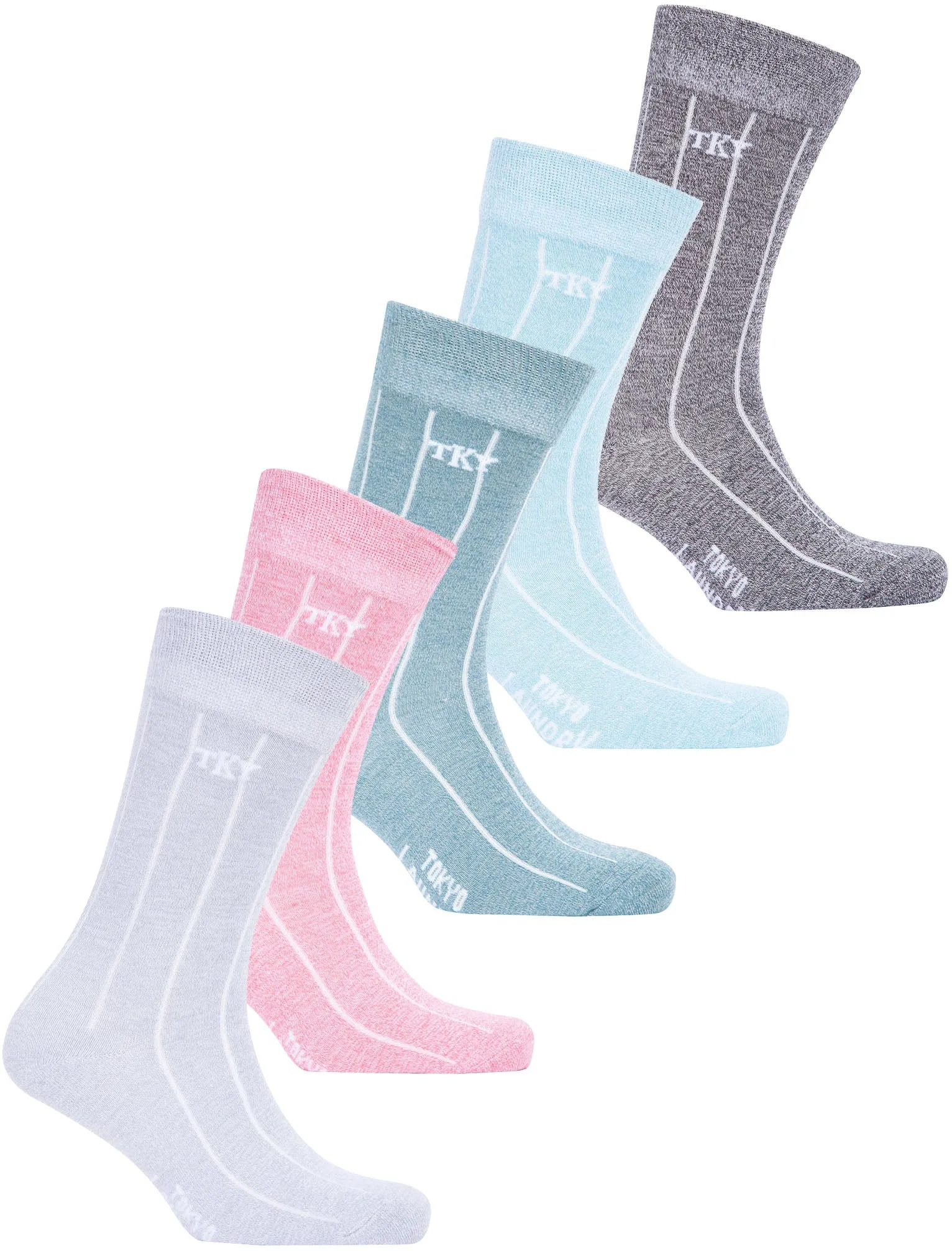 Rocksta (5 Pack) Cotton Rich Striped Marled Socks in Grey / Pink / Green / Blue / Black Marl - Tokyo Laundry