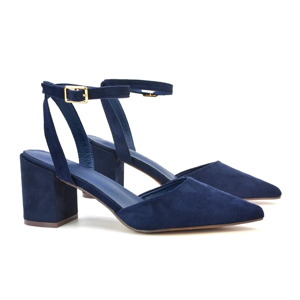 Ronnie Strappy Ankle Buckle Mid Block Heel Pointed Toe in Navy Faux Suede