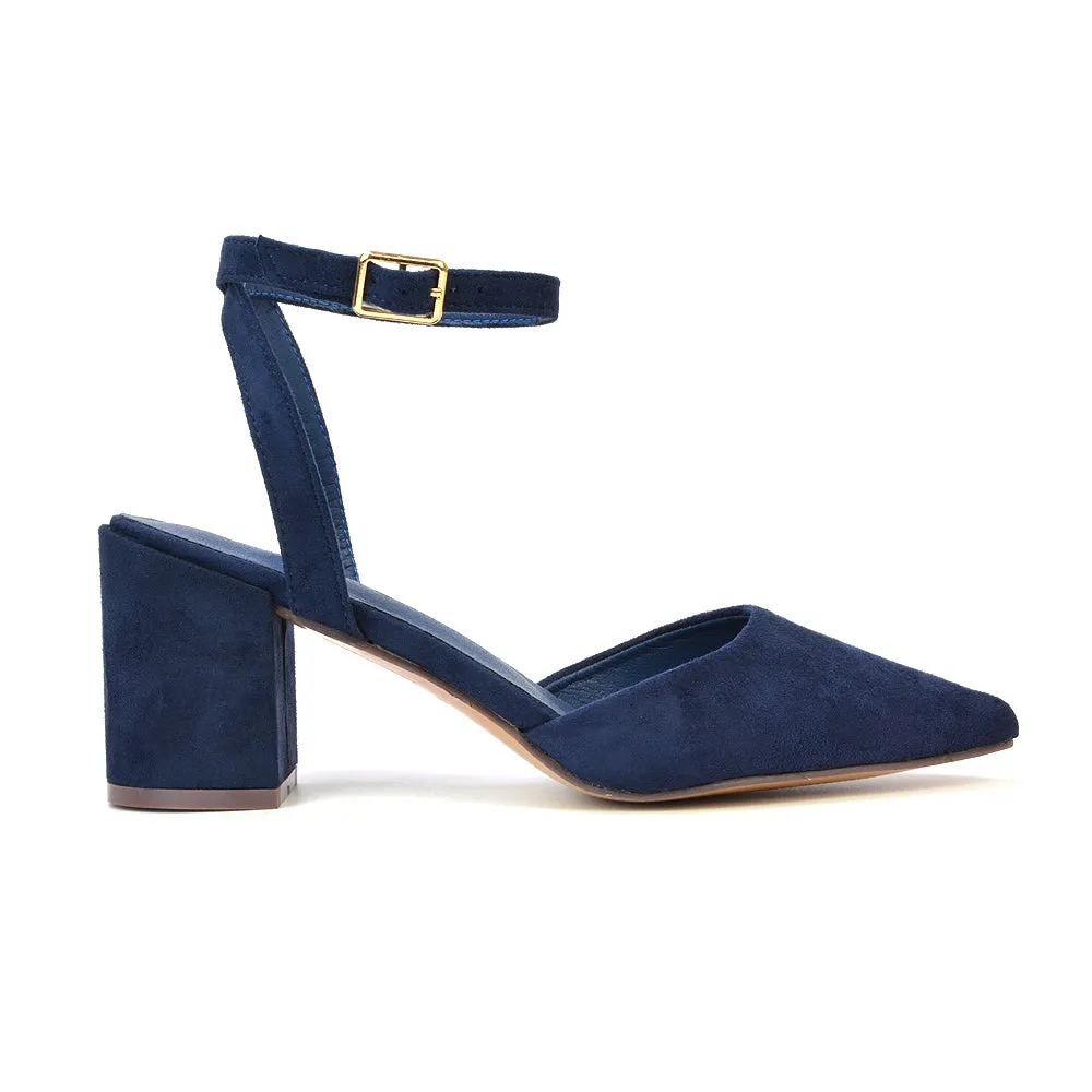 Ronnie Strappy Ankle Buckle Mid Block Heel Pointed Toe in Navy Faux Suede