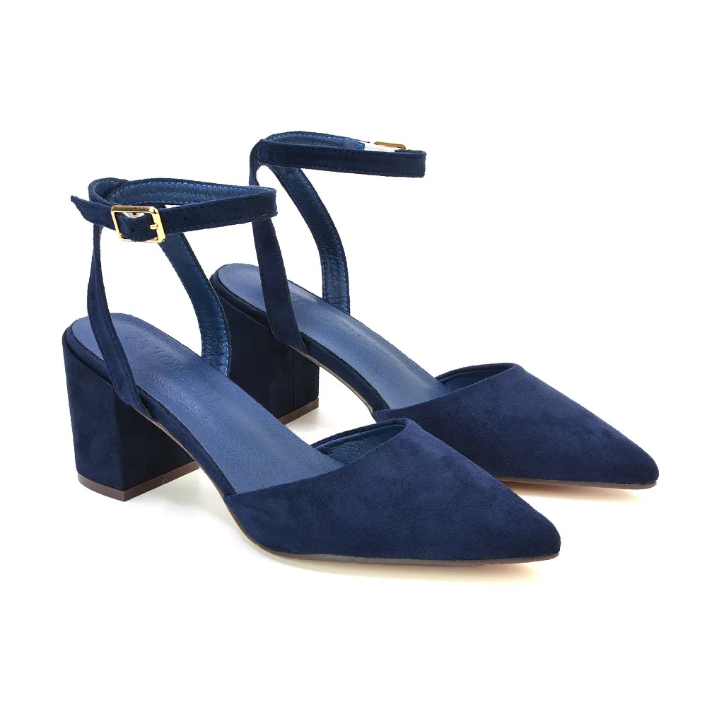 Ronnie Strappy Ankle Buckle Mid Block Heel Pointed Toe in Navy Faux Suede