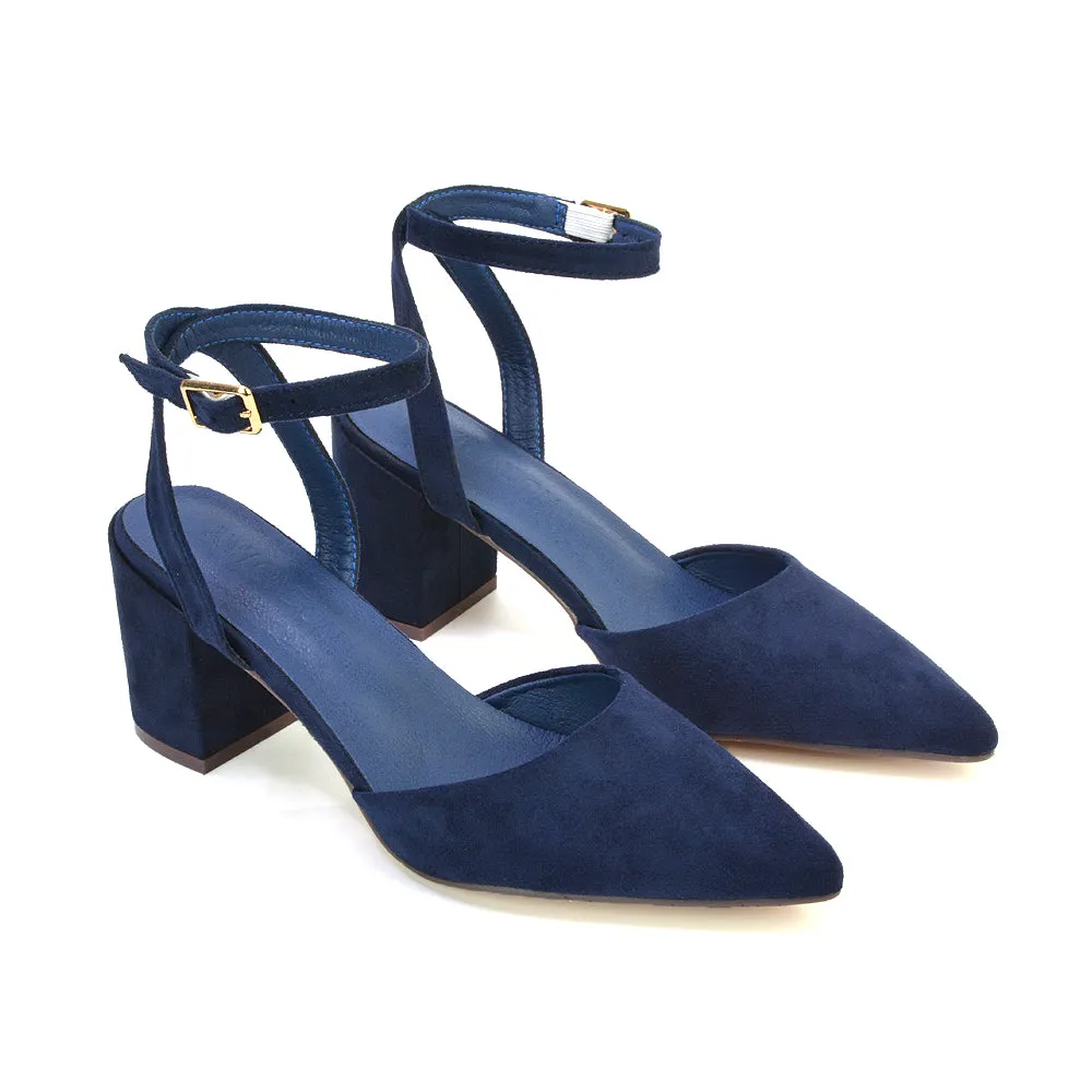 Ronnie Strappy Ankle Buckle Mid Block Heel Pointed Toe in Navy Faux Suede