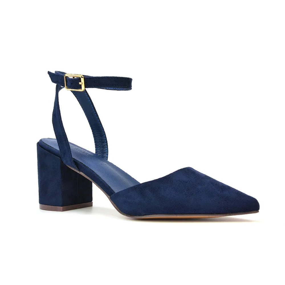 Ronnie Strappy Ankle Buckle Mid Block Heel Pointed Toe in Navy Faux Suede