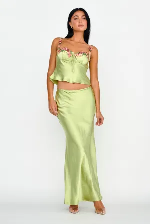 Rose Garden Satin Maxi Skirt Lime