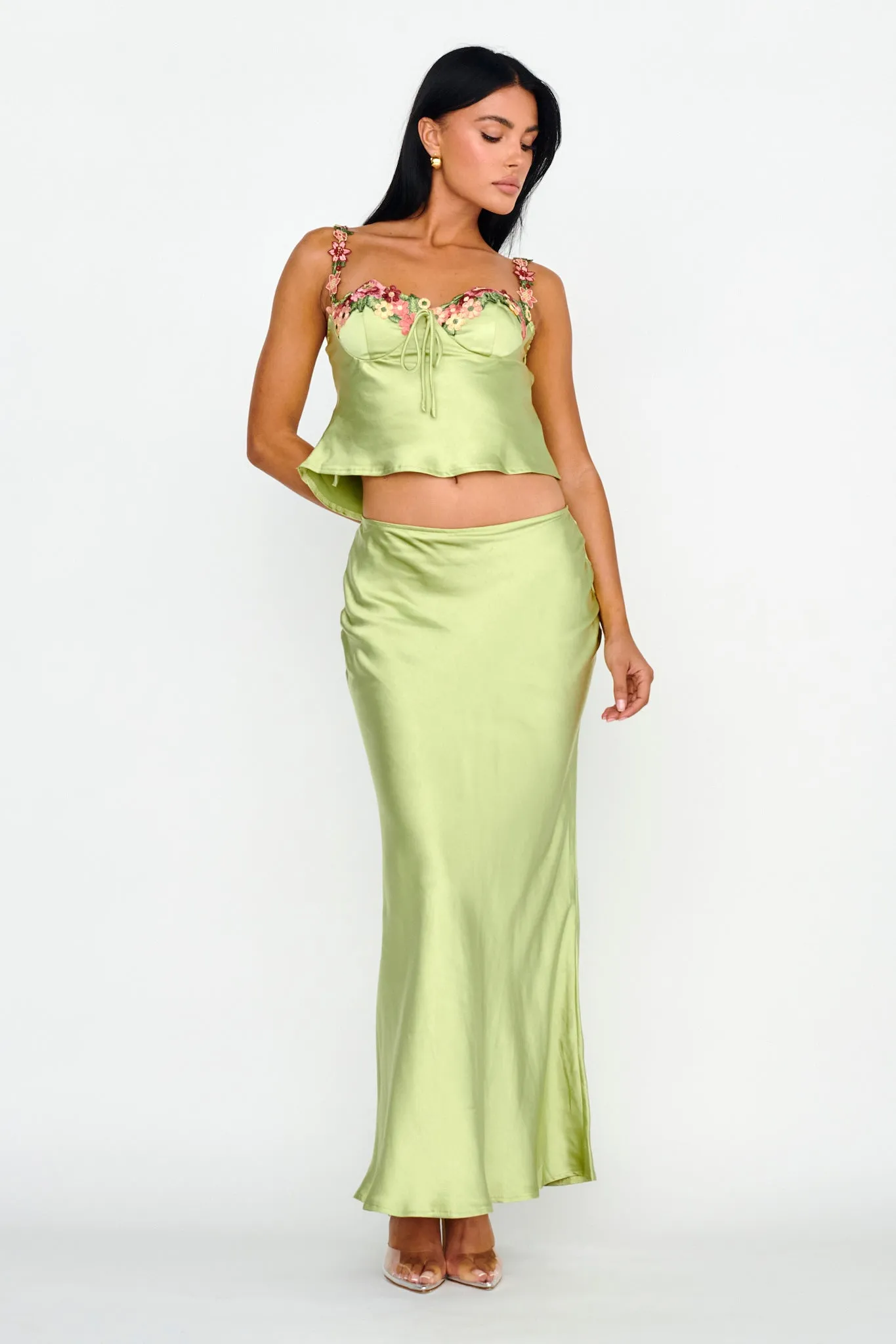 Rose Garden Satin Maxi Skirt Lime