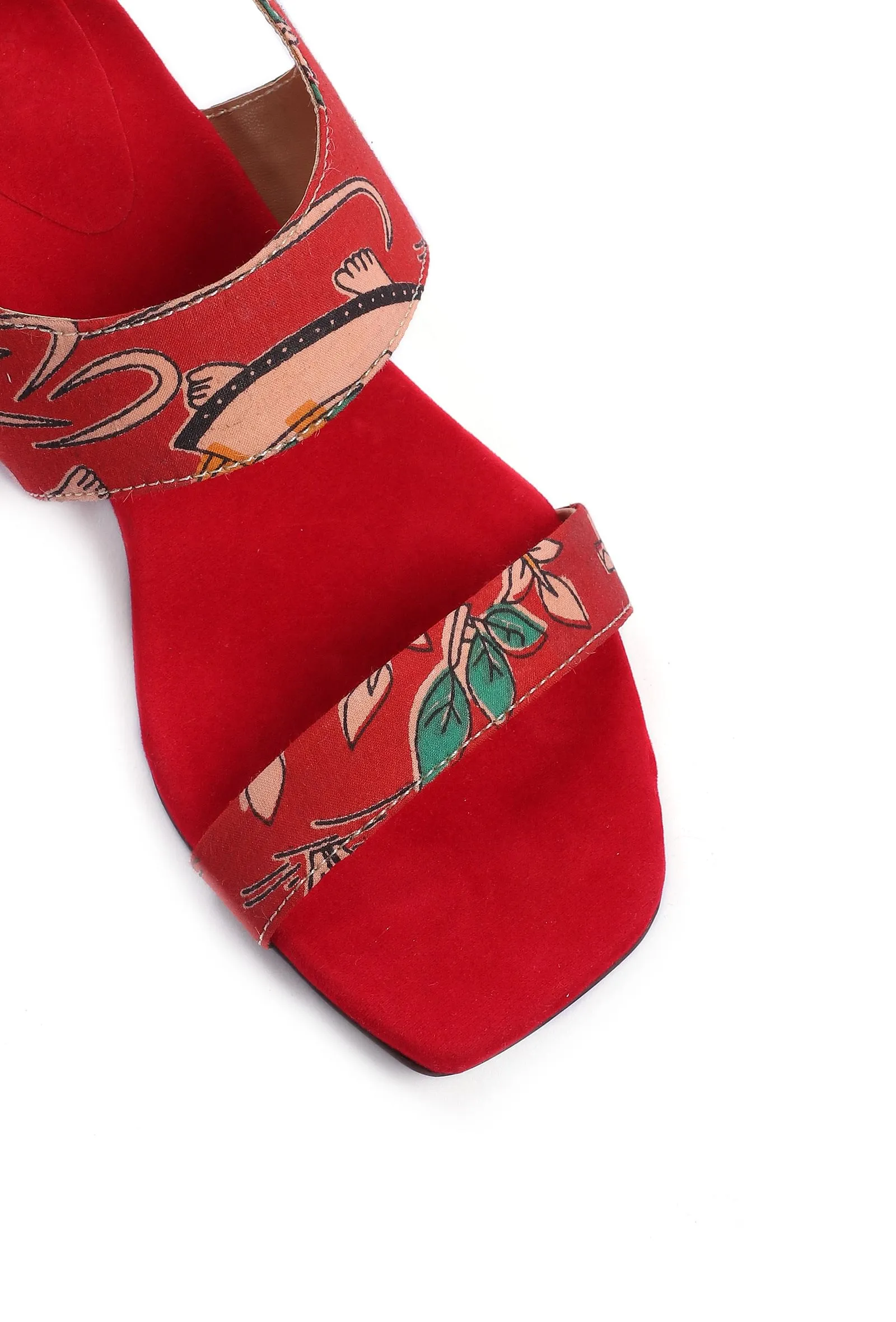 Scarlet Red Kalamkari Tie Up Heels