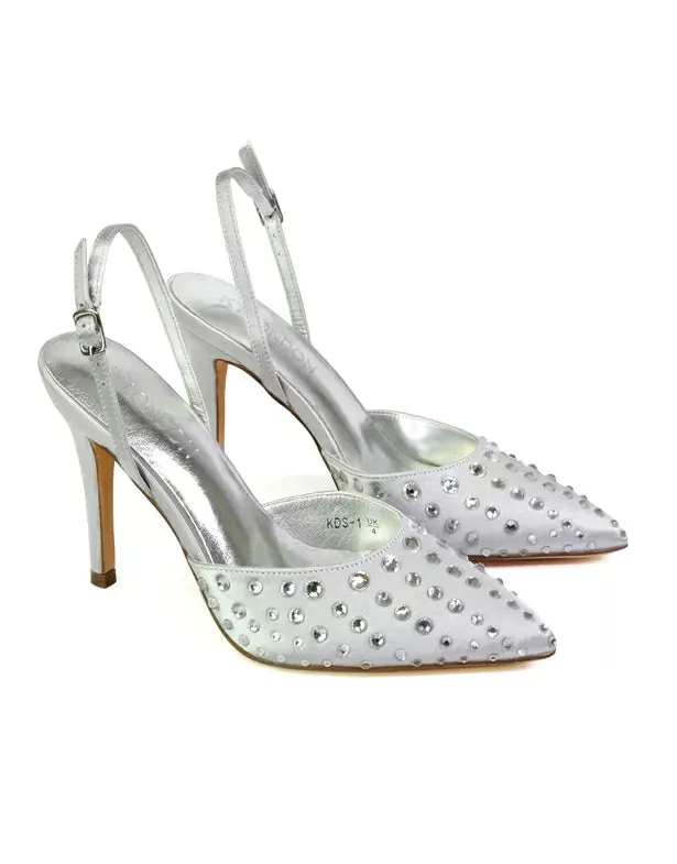 Shelly Strappy Slingback Pointed Toe Diamante Stiletto Bridal Heels in Silver