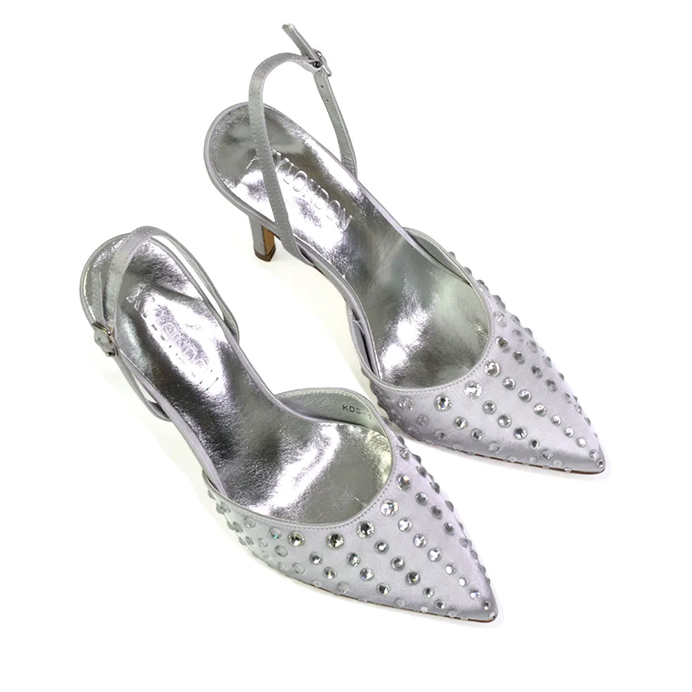 Shelly Strappy Slingback Pointed Toe Diamante Stiletto Bridal Heels in Silver