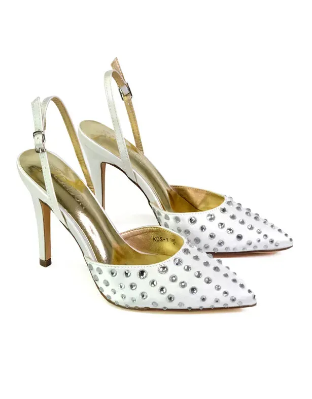 Shelly Strappy Slingback Pointed Toe Diamante Stiletto Bridal Heels in Silver