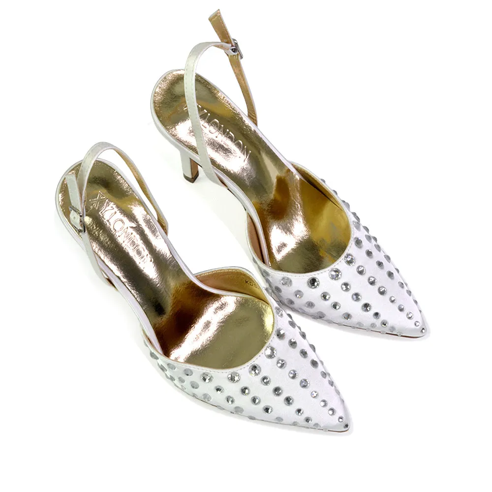 Shelly Strappy Slingback Pointed Toe Diamante Stiletto Bridal Heels in Silver