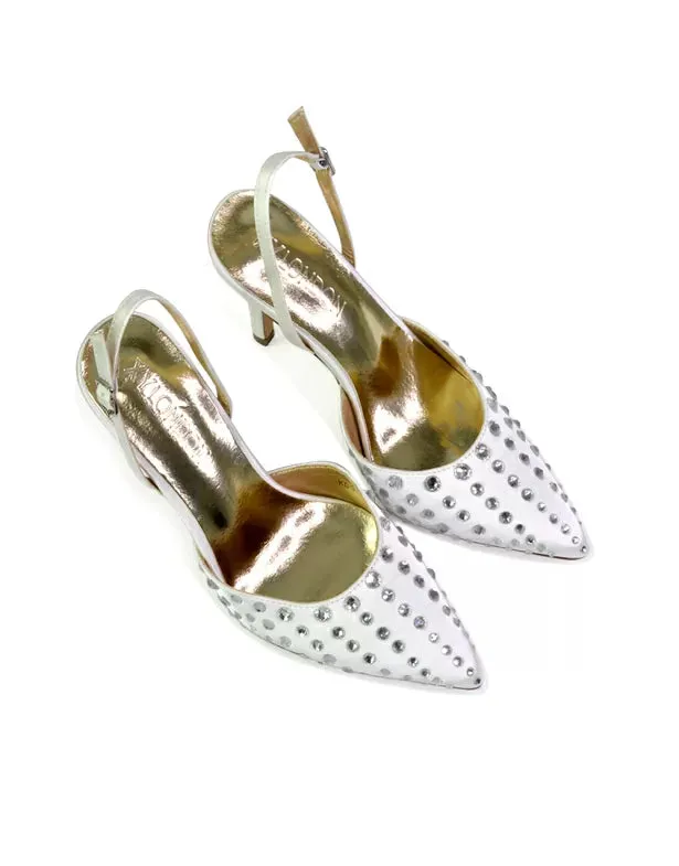 Shelly Strappy Slingback Pointed Toe Diamante Stiletto Bridal Heels in Silver