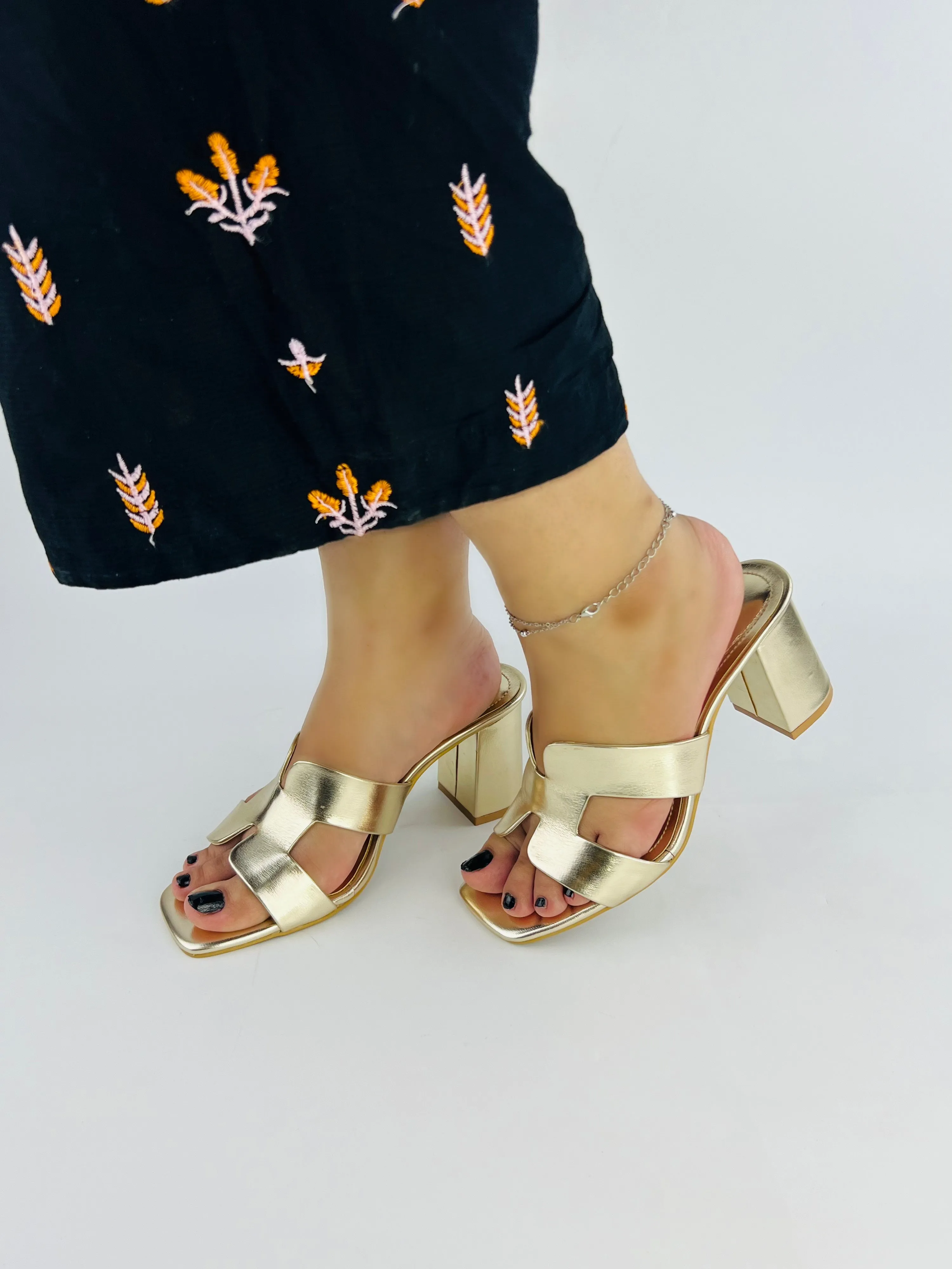 Spunkz Metallic Light Gold H-Style Block Heeled Sandals for Women