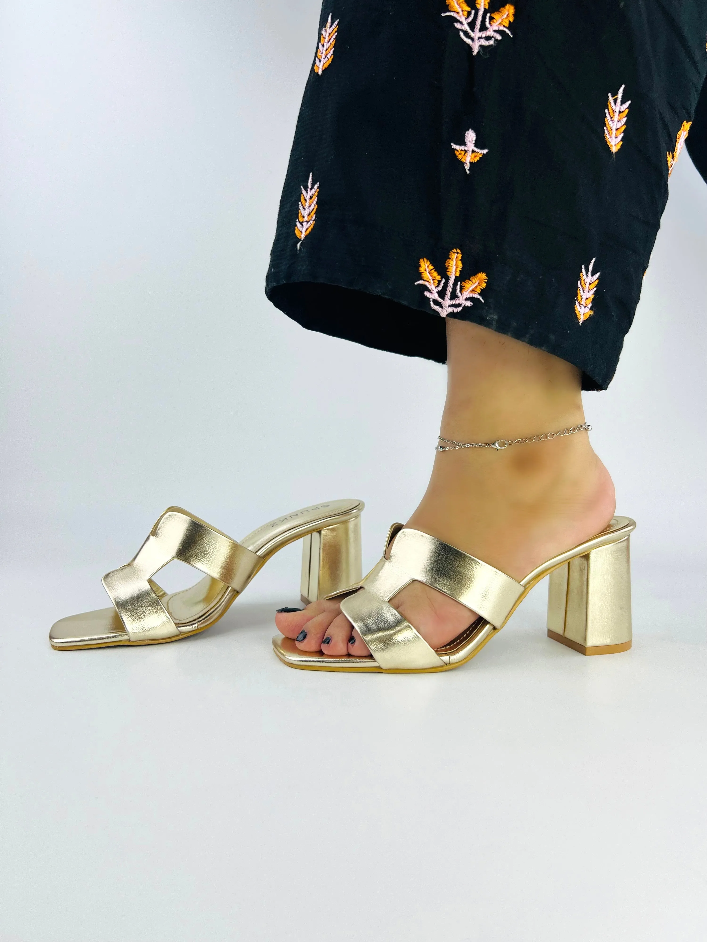 Spunkz Metallic Light Gold H-Style Block Heeled Sandals for Women