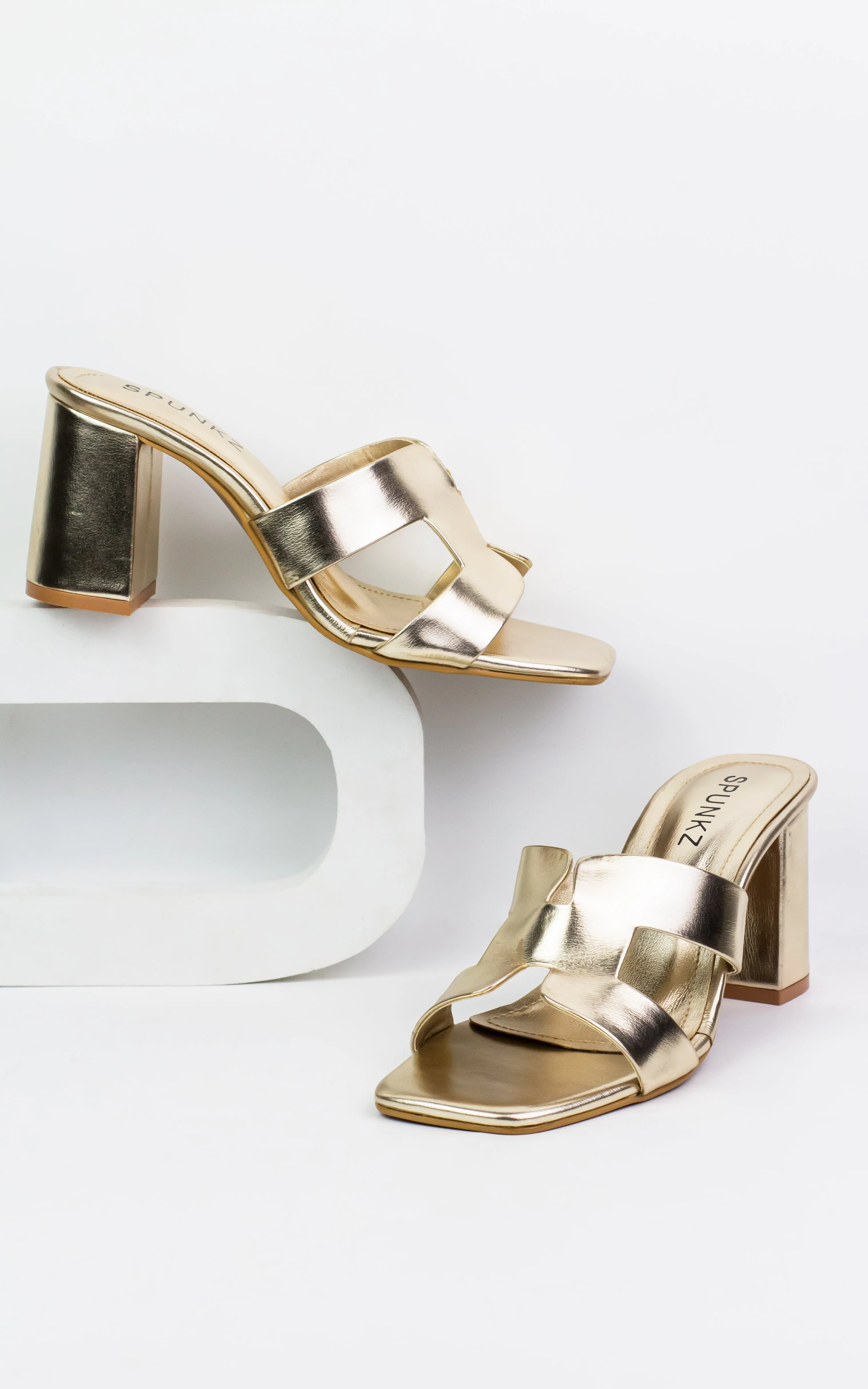 Spunkz Metallic Light Gold H-Style Block Heeled Sandals for Women