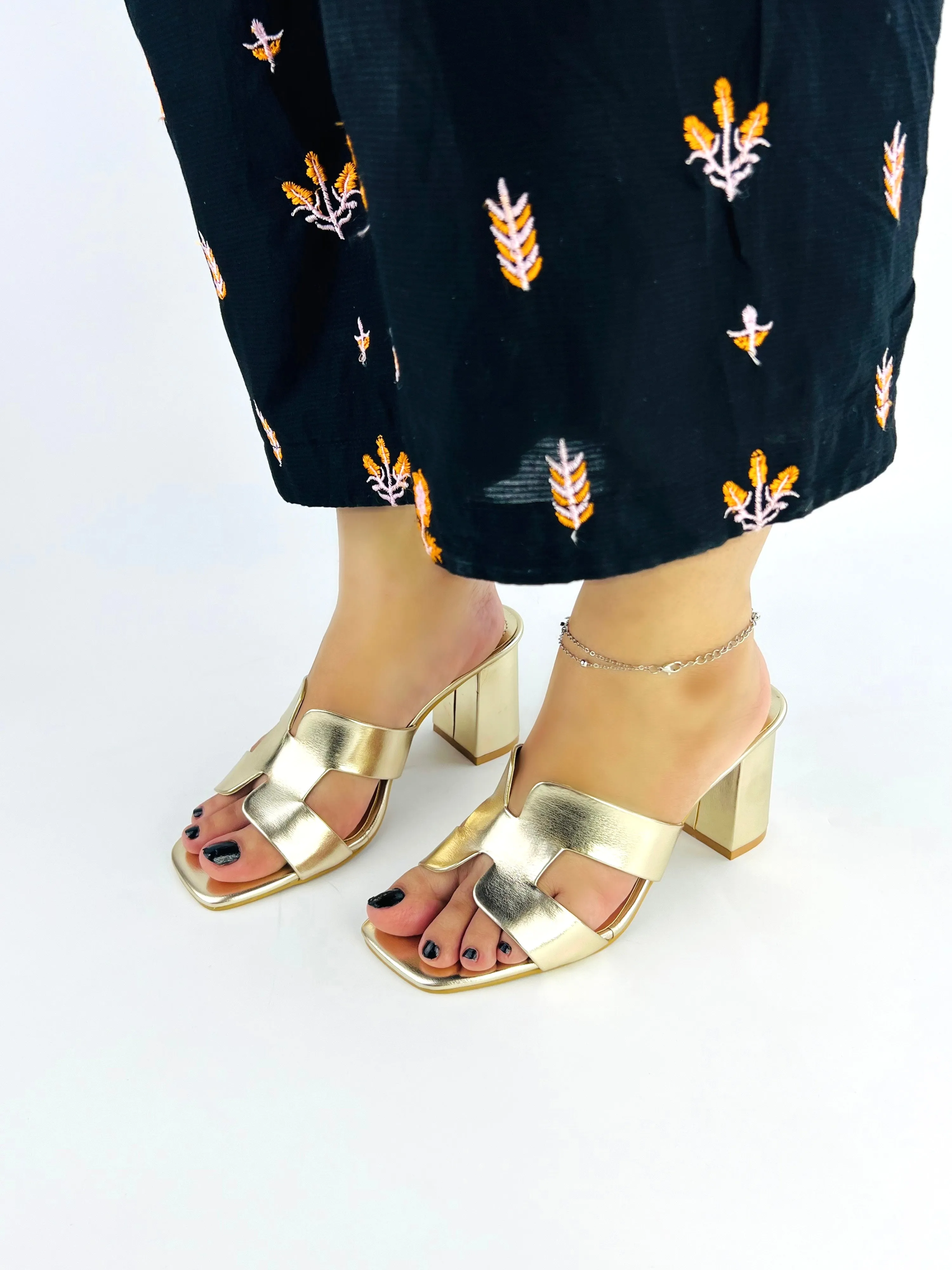 Spunkz Metallic Light Gold H-Style Block Heeled Sandals for Women