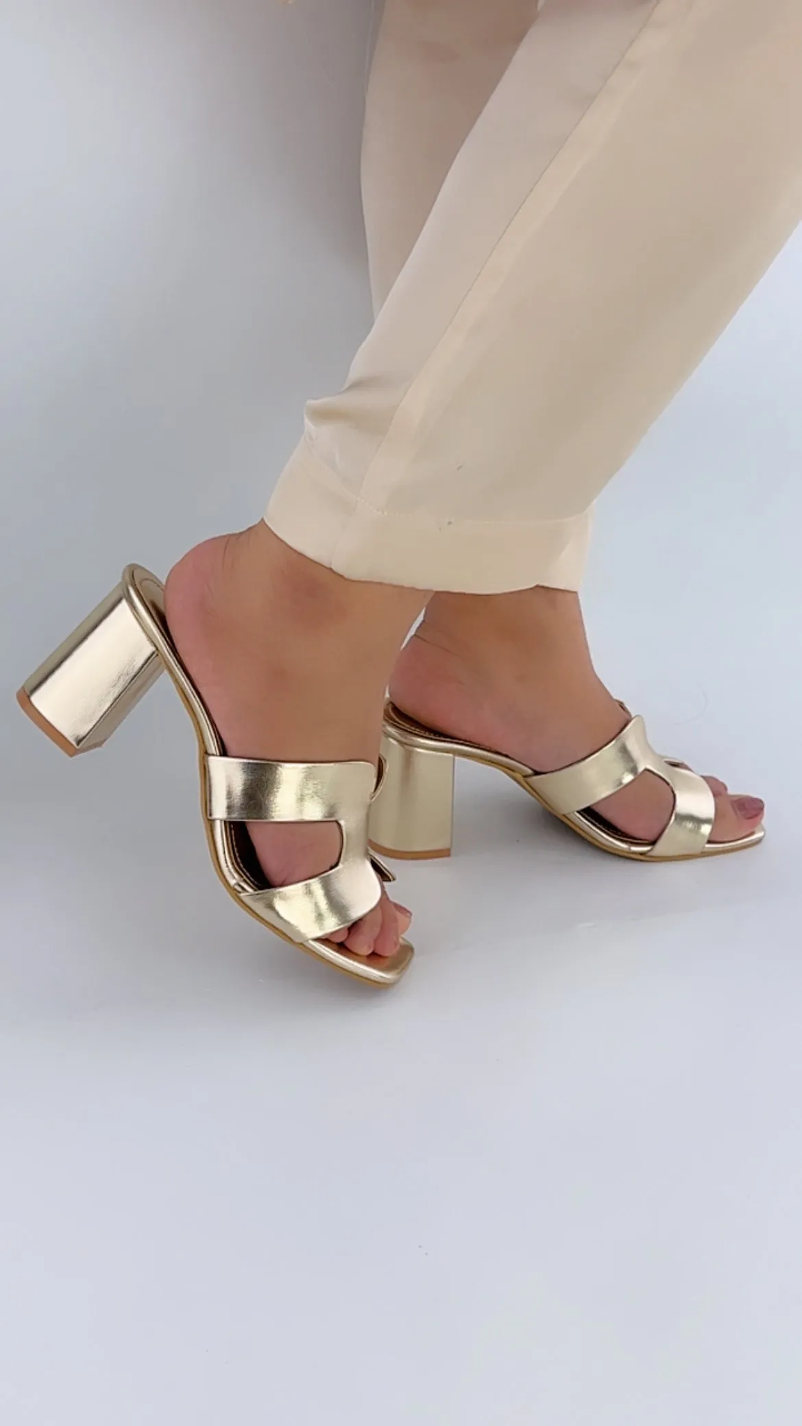 Spunkz Metallic Light Gold H-Style Block Heeled Sandals for Women