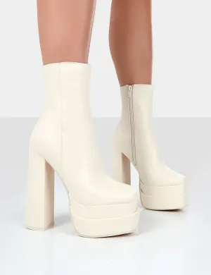 Supine Ecru PU Chunky Platform High Heeled Block Ankle Boots