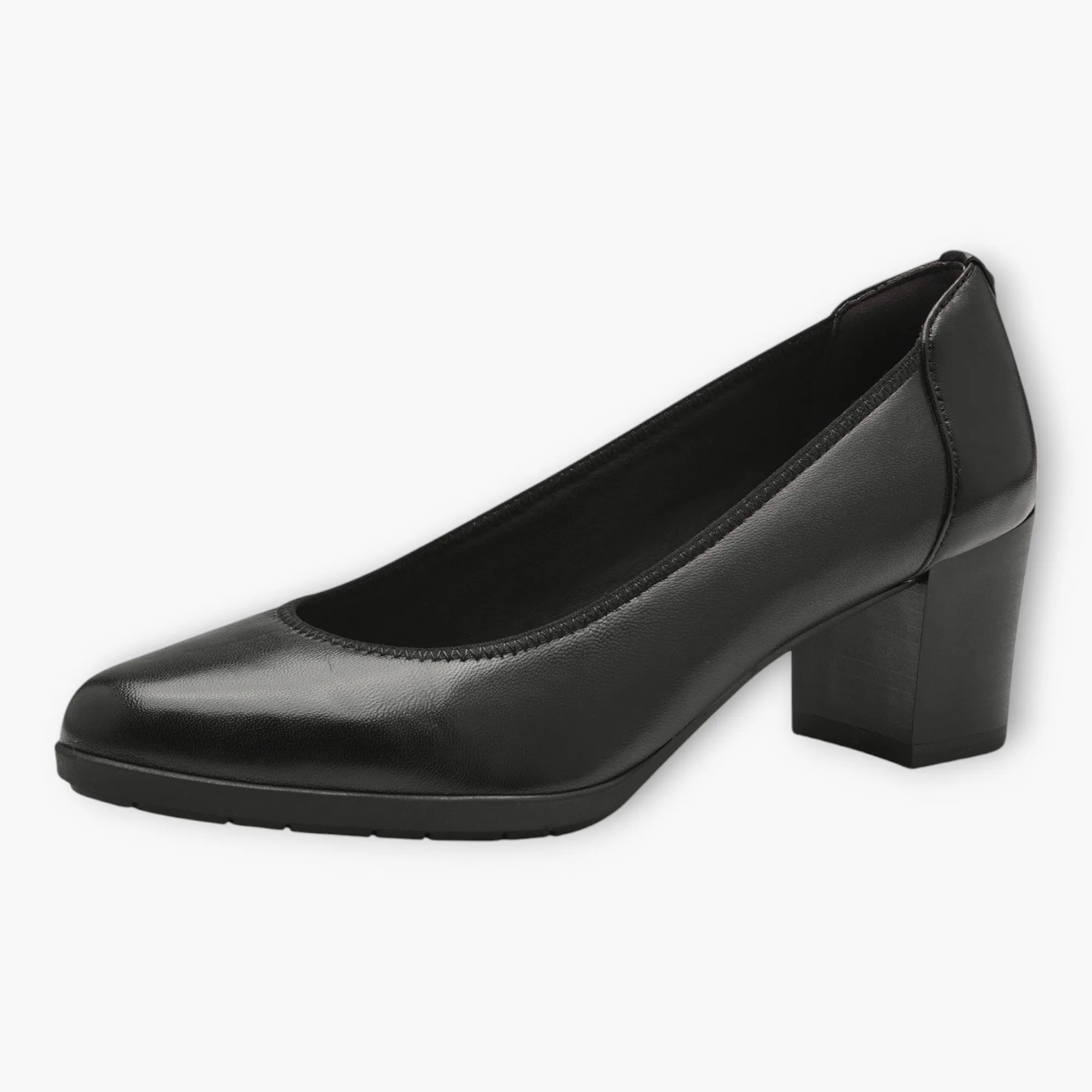 Tamaris Black Leather Court Shoe with Funnel Heel and Soft Footbed