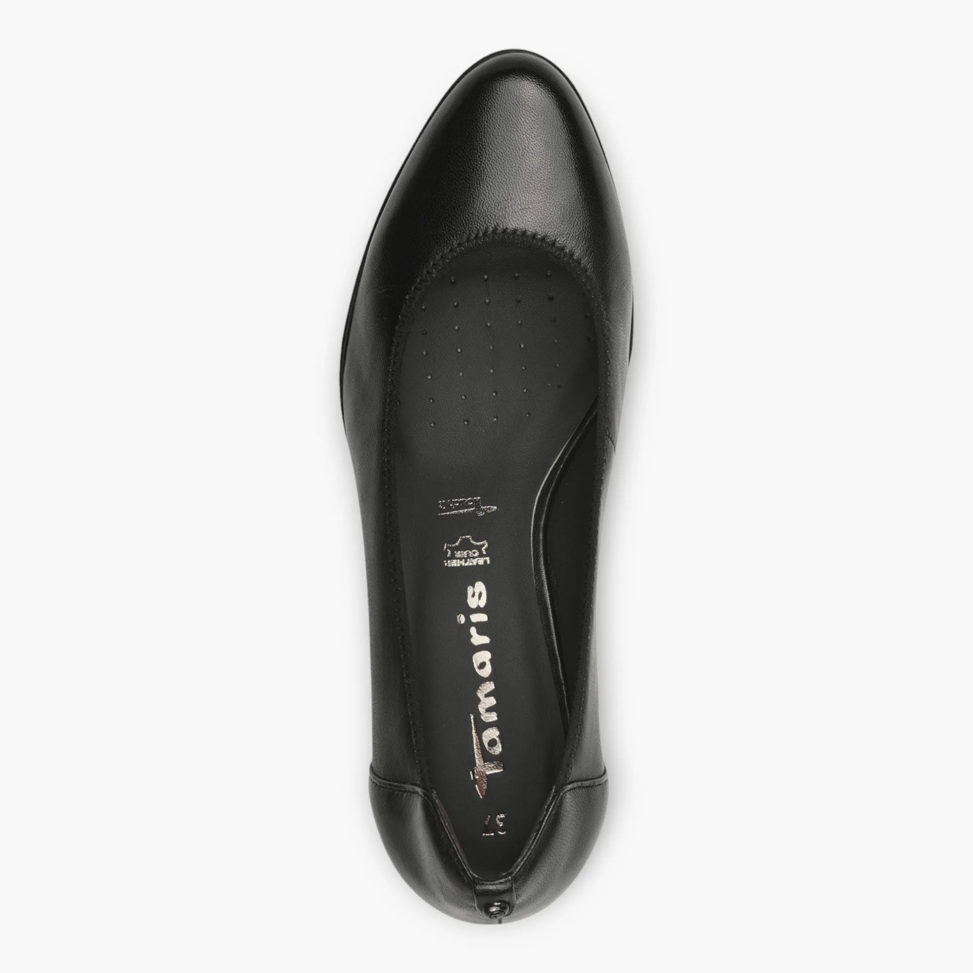 Tamaris Black Leather Court Shoe with Funnel Heel and Soft Footbed